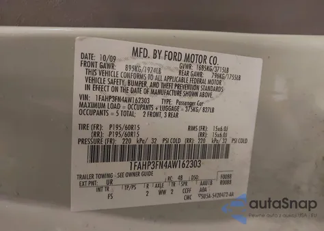 2010 Ford Focus Se z USA, uszkodzony, nr VIN 1FAHP3FN4AW162303